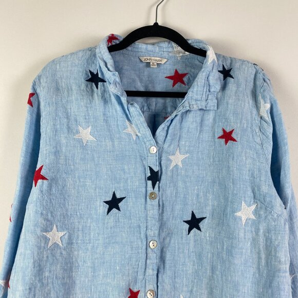 John Mark Blue Relaxed Button Down Shirt with Mandarin Collar - Picture 2 of 10